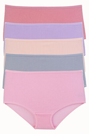 Kadın Külot 5 li Paket Yüksek Bel Likralı Fitilli Pamuklu Kaşkorse Ribana LİLA