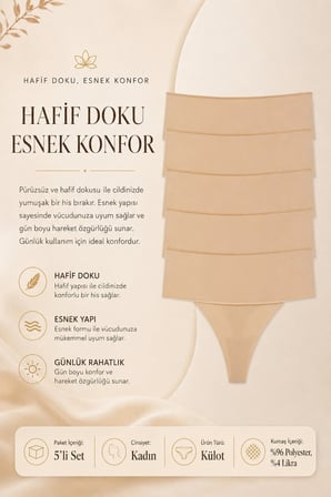 Kadın Külot Yüksek Bel Tanga Lazer Kesim Esnek Iz Yapmayan Büyük Beden 5 li Paket TEN
