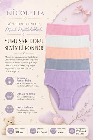 Kız Çocuk Külot 5 li Paket Likralı Fitilli Pamuklu Kaşkorse Garson LİLA