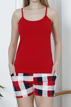 Kadın Şortlu Pijama Takımı İp Askılı Pamuklu Likralı Cepli KIRMIZI