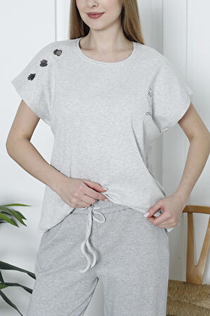 Kadın Pijama Takımı Kısa Kollu Kaşkorse Salaş Cepli GRİ