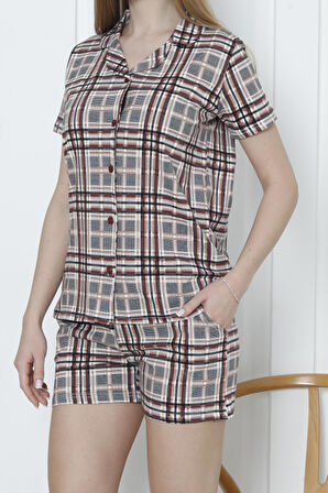 Kadın Düğmeli Şortlu Pijama Takımı Ekoseli Pamuklu Likralı Cepli MÜRDÜM