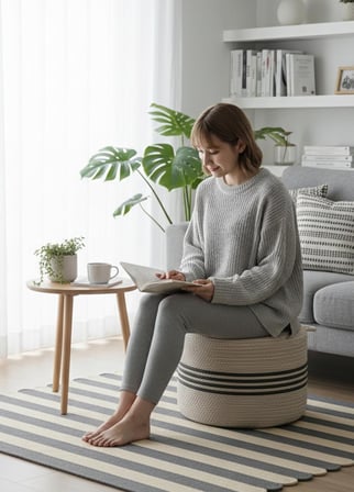 NatureLine Jüt PUF Salon Pufu Antre Puf Makyaj Masası ve Yatak Odası Banyo Puf Teras Veranda ve Balkon Uyumlu Hasır Dekoratif Dayanıklı ve Çok Amaçlı Puff (GRİ-ANTRASİT ŞERİT)