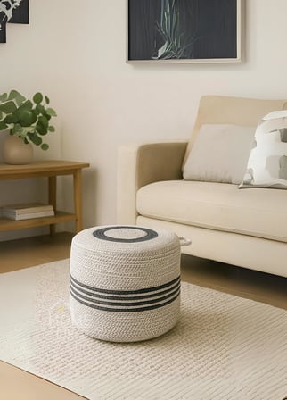 NatureLine Jüt PUF Salon Pufu Antre Puf Makyaj Masası ve Yatak Odası Banyo Puf Teras Veranda ve Balkon Uyumlu Hasır Dekoratif Dayanıklı ve Çok Amaçlı Puff (GRİ-ANTRASİT ŞERİT)