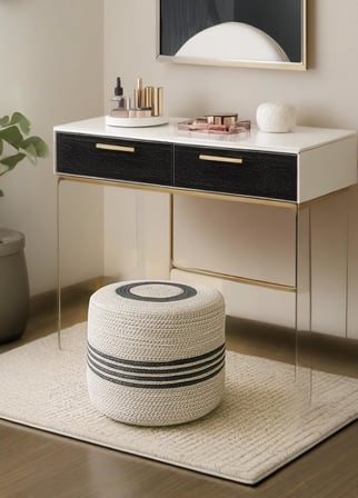NatureLine Jüt PUF Salon Pufu Antre Puf Makyaj Masası ve Yatak Odası Banyo Puf Teras Veranda ve Balkon Uyumlu Hasır Dekoratif Dayanıklı ve Çok Amaçlı Puff (GRİ-ANTRASİT ŞERİT)