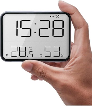 Dijital Mini Saat LCD Ultra İnce Mıknatıslı Buzdolabı saati Alarmlı Nem ve Sıcaklık Göstergeli 9x7cm