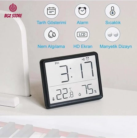 Dijital Mini Saat LCD Ultra İnce Mıknatıslı Buzdolabı saati Alarmlı Nem ve Sıcaklık Göstergeli 9x7cm