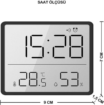 Dijital Mini Saat LCD Ultra İnce Mıknatıslı Buzdolabı saati Alarmlı Nem ve Sıcaklık Göstergeli 9x7cm