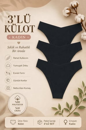 Kadın Külot Lazer Kesim V Şekil Iz Yapmaz 3 lü Paket Polyester SIYAH