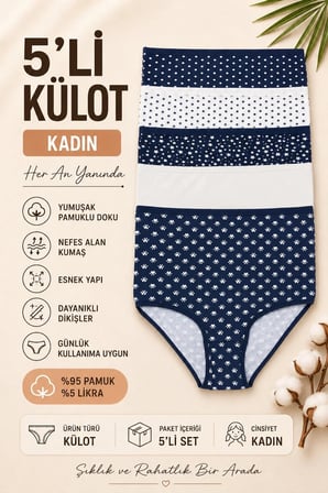 Kadın Yüksek Bel Külot Pamuklu 5 li Paket Likrali Buyuk Beden