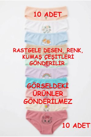 Kız Çocuk Külot 10 Lu Paket Pamuklu Likralı RASTGELE BASKILAR RENKLER ve FİTİLLİ KUMAŞLAR