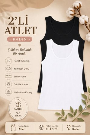 Kadın Atlet Fitilli Kaşkorse Ribana Geniş Askılı 2 li Paket Pamuklu Likralı Siyah-Beyaz