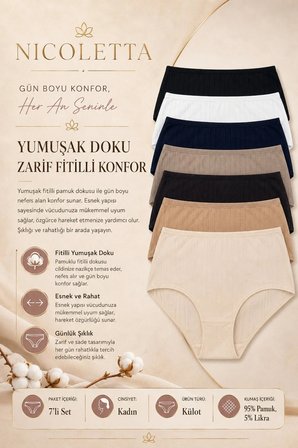 Kadın Külot Yuksek Bel Fitilli Kaşkorse Ribana 7 Li Paket Likralı Pamuklu Vizon