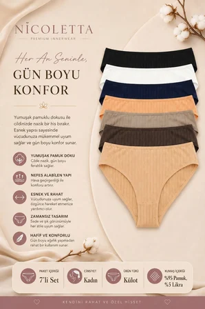 Kadın Külot 7 Li Paket Likralı Pamuklu Kaşkorse Ribana Fitilli