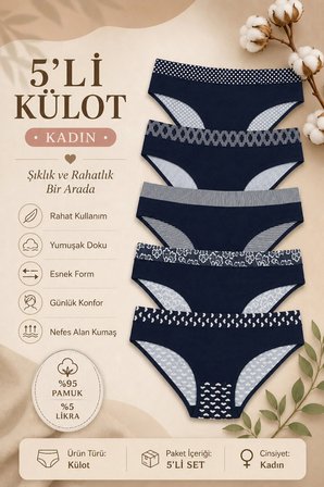 Kadın Külot 5 Li Paket Likralı Pamuklu Baskılı Geniş Lastikli Hamile Lahusa Uygun