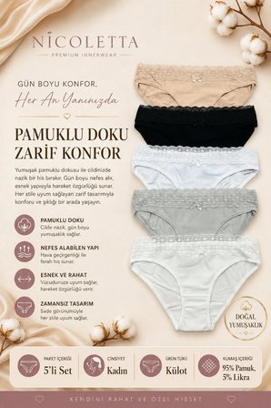 Kadın Külot 5 Li Paket Likralı Pamuklu Geniş Dantel Lastikli