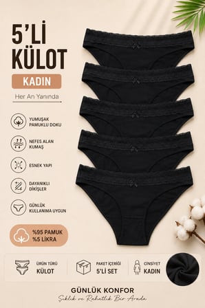 Kadın Külot 5 Li Paket Likralı Pamuklu Geniş Dantel Lastikli