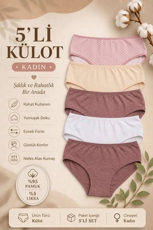 Kadın Külot 5 Li Paket Likralı Pamuklu