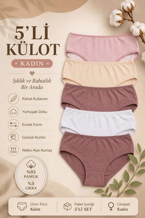 Kadın Külot 5 Li Paket Likralı Pamuklu