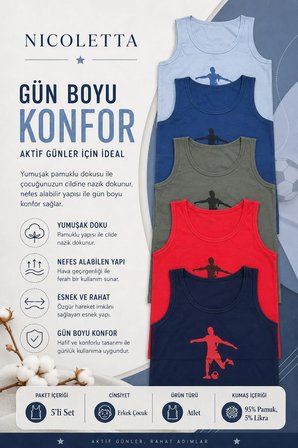 Erkek Çocuk Atlet Geniş Askılı Baskılı Futbolcu Pamuklu Likralı Garson Tişört