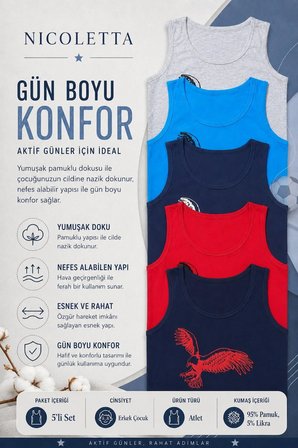 Erkek Çocuk Atlet Geniş Askılı Kartal Baskılı Pamuklu Likralı Garson Tişört