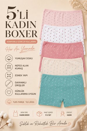 Kadın Boxer Külot 5 Li Paket Pamuklu Likralı Kalpli