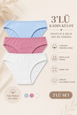 Kadın Külot 3 Lü Paket Likralı Pamuklu Ribana Kaşkorse Fitilli
