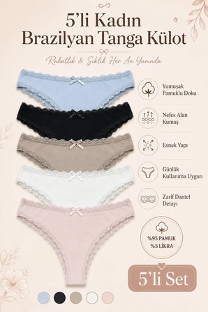 Kadın Külot Brazilyan Tanga 5 Li Paket Likralı Pamuklu