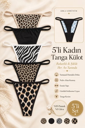 Kadın Külot Tanga 5 Li Paket Likralı Pamuklu Leopar