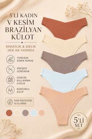 Kadın Külot Lazer Kesim V Şekil Iz Yapmaz 5 li Paket Polyester TARÇIN