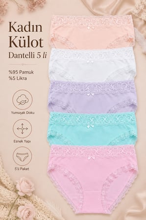 Kadın Külot 5 Li Paket Likralı Pamuklu Dantelli Somon