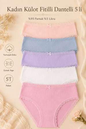 Kadın Külot 5 Li Paket Likralı Pamuklu Fitilli Kaşkorse Somon