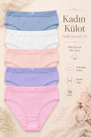Kadın Külot 5 Li Paket Likralı Pamuklu Fitilli Kaşkorse Dantelli Somon