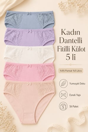 Kadın Külot 5 Li Paket Likralı Pamuklu Fitilli Kaşkorse Somon