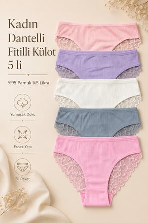 Kadın Külot 5 Li Paket Likralı Pamuklu Arkası Dantelli Fitilli Kaşkorse Somon