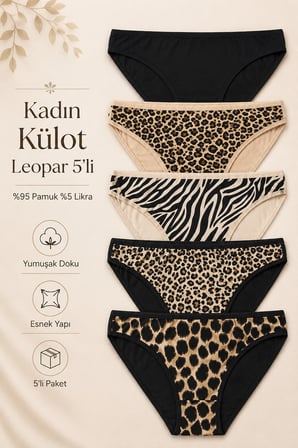 Kadın Külot 5 Li Paket Likralı Pamuklu Leopar Kahverengi
