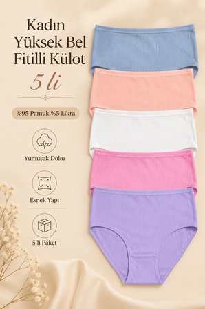 Kadın Külot 5 Li Paket Likralı Pamuklu Yüksek Bel Fitilli Ribana Somon