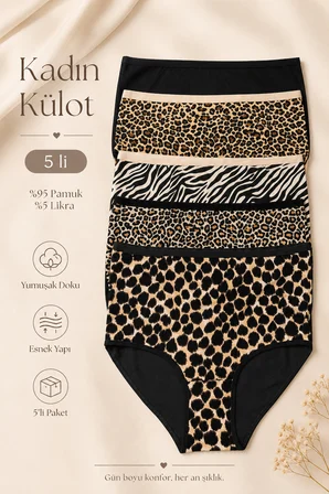 Kadın Külot 5 Li Paket Likralı Pamuklu Leopar Yüksek Bel Kahverengi