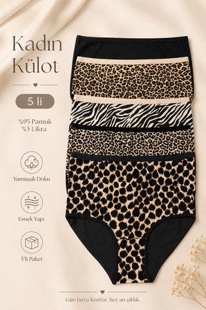 Kadın Külot 5 Li Paket Likralı Pamuklu Leopar Yüksek Bel Kahverengi