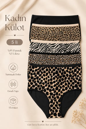 Kadın Külot 5 Li Paket Likralı Pamuklu Leopar Yüksek Bel Kahverengi