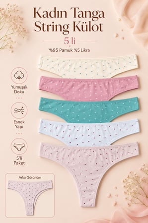 Kadın Külot Tanga 5 Li Paket Likralı Pamuklu Kalpli
