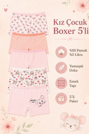 Kız Çocuk Boxer Külot 5 Li Paket Pamuklu Likralı Baskılı