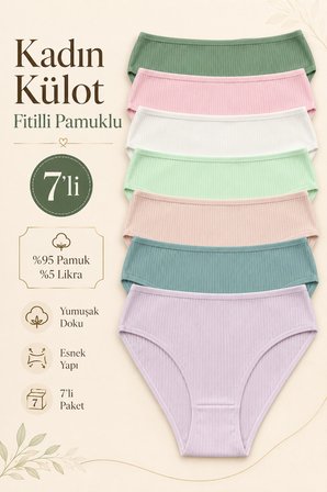 Kadın Külot 7 Li Paket Likralı Pamuklu Fitilli Kaşkorse Mixcolor
