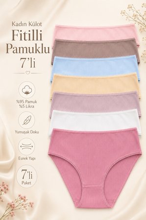 Kadın Külot 7 Li Paket Likralı Pamuklu Fitilli Kaşkorse Mixcolor
