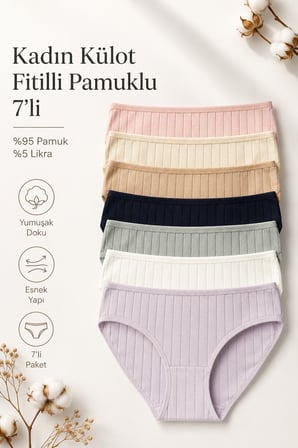 Kadın Külot 7 Li Paket Likralı Pamuklu Fitilli Kaşkorse Mixcolor