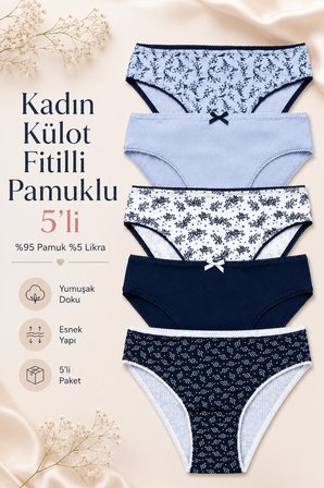 Kadın Külot 5 Li Paket Likralı Pamuklu Kaşkorse Mavi