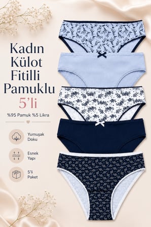 Kadın Külot 5 Li Paket Likralı Pamuklu Kaşkorse Mavi