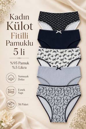 Kadın Külot 5 Li Paket Likralı Pamuklu Kaşkorse Mavi