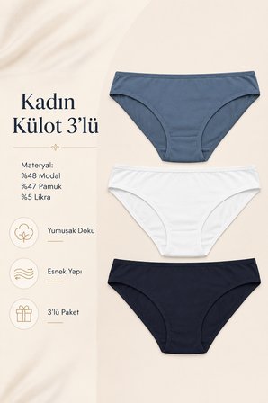 Kadın Külot 3 Lü Paket Likralı Modal Pamuklu Likrali