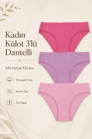 Kadın Külot 3 Lü Paket Likralı Dantelli Pamuklu Likrali